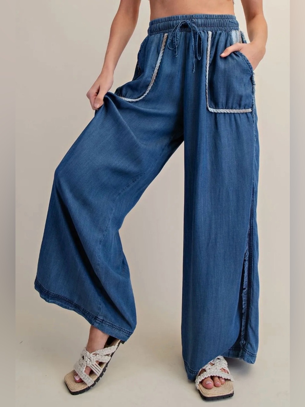Easel Chambray Palazzo Dark Relaxed Drawstring Pants